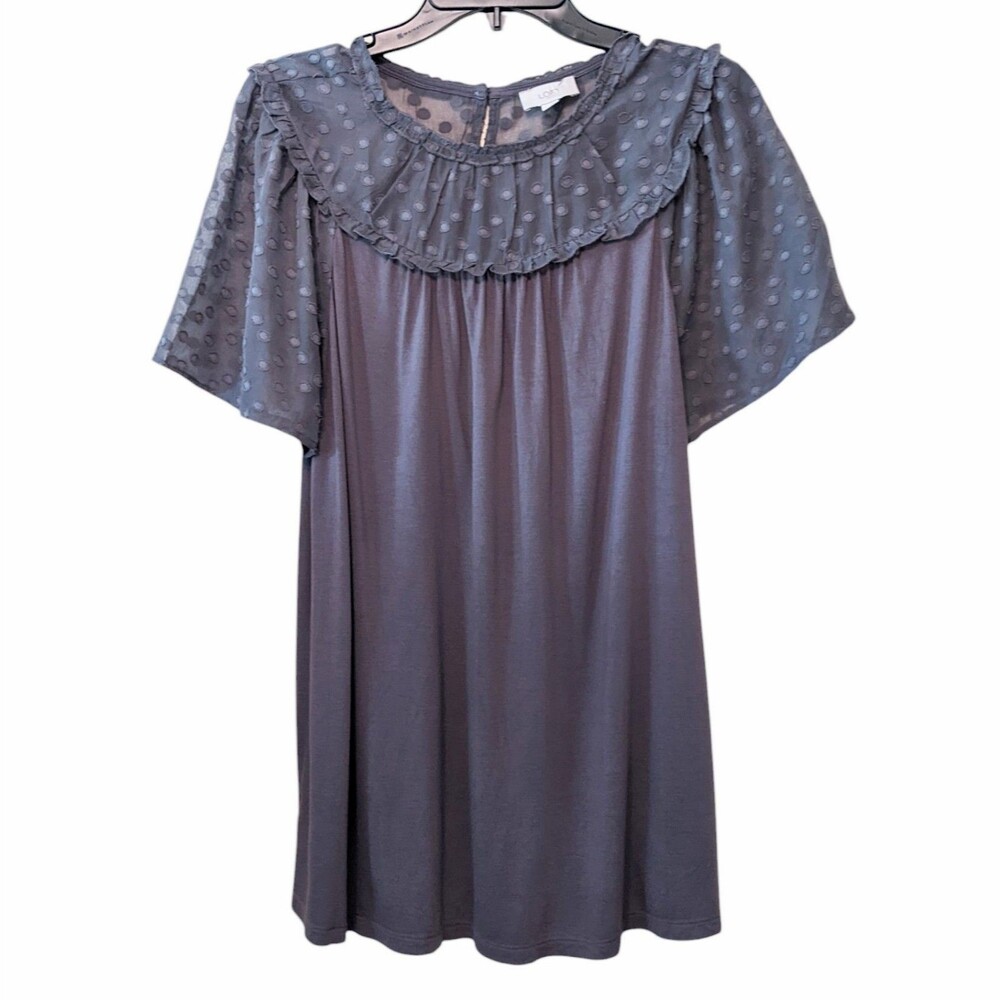 LOFT Blouse Slate Gray Short Sheer Sleeve Top Dots Babydoll L
